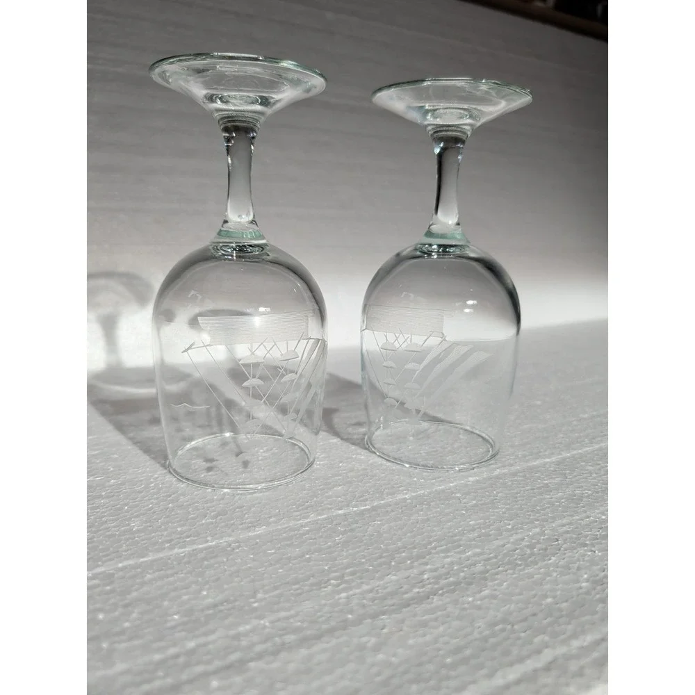 PAIR JAVIT Clipper Collection Etched Glass Sail Ship‎ Wine Glass 10 oz VTG 6.5